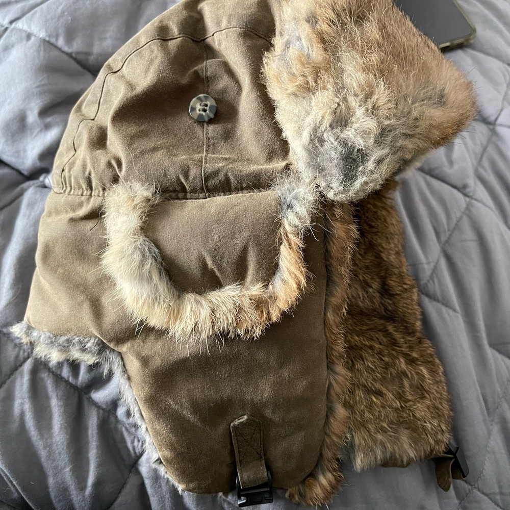 Mad bomber hat unisex size medium waxed canvas brown rabbit fur